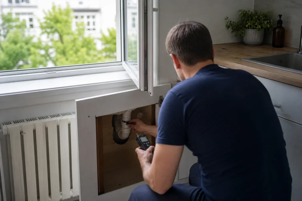 Kontrola sifonu a vlhkosti při hledání zdroje zápachu