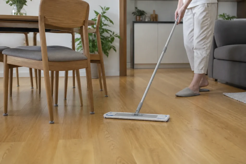 Šetrné vytírání dřevěné podlahy plochým mopem
