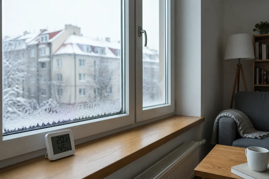 Orosené okno a vlhkoměr v zimním bytě