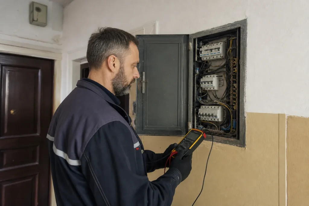 Elektrikář kontroluje starý bytový rozvaděč