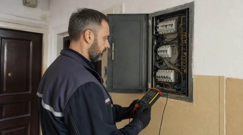Elektrikář kontroluje starý bytový rozvaděč