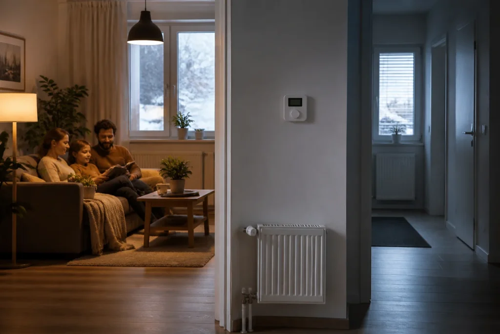 Teplý obývací pokoj a chladnější chodba řízené termostatem