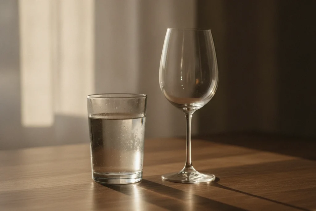 Sklenice vody vedle prázdné sklenice na víno
