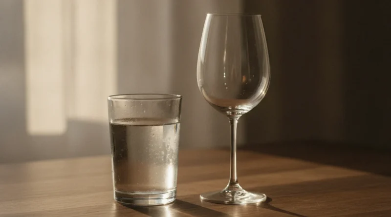 Sklenice vody vedle prázdné sklenice na víno