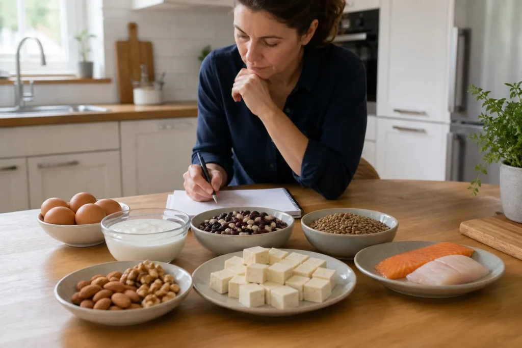 Žena plánuje jídla z vajec, jogurtu, luštěnin, tofu, ryb a ořechů