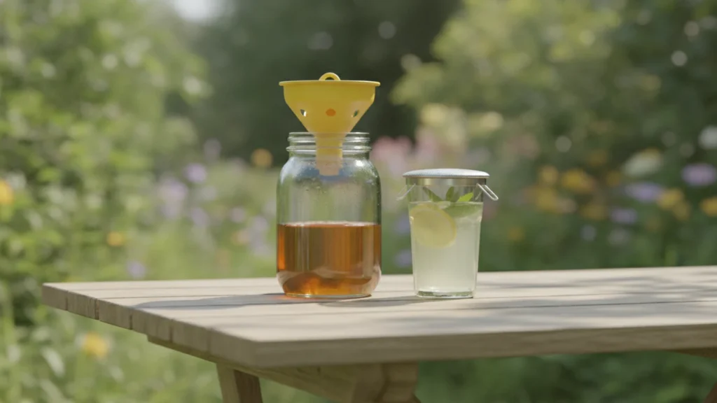 Zakrytá sklenice limonády na zahradním stole