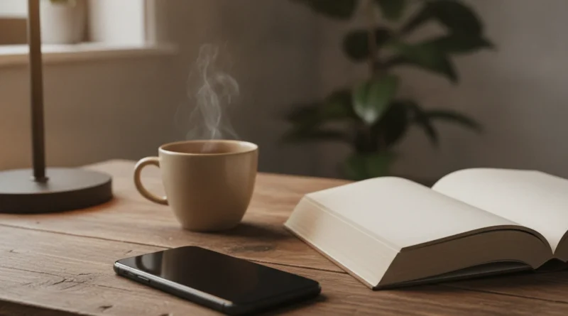 Odložený telefon displejem dolů vedle knihy