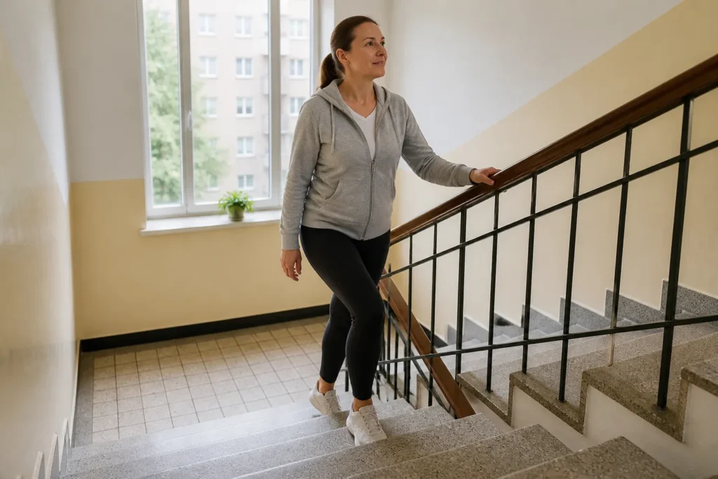 Žena bezpečně stoupá po schodech a lehce se přidržuje zábradlí