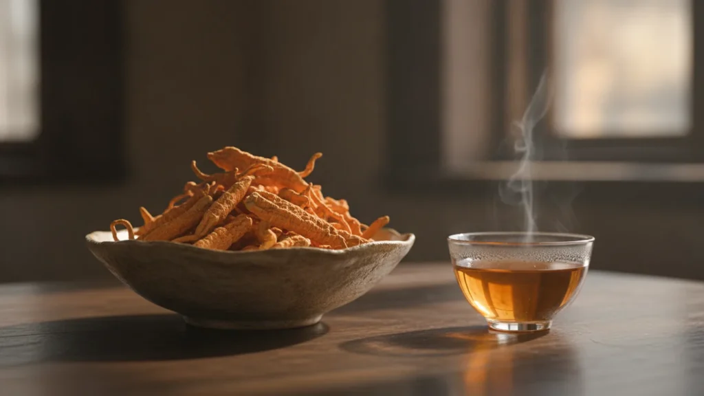 Sušený cordyceps v misce