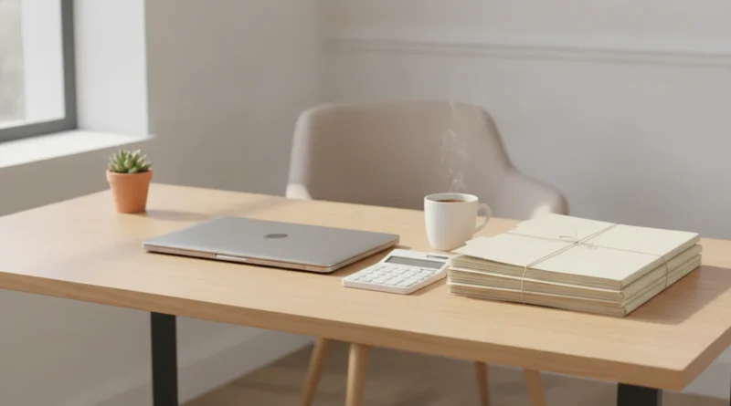 Uklizený pracovní stůl s notebookem a deskami