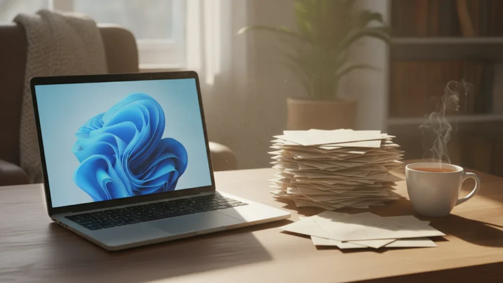 Notebook a obálky na pracovním stole