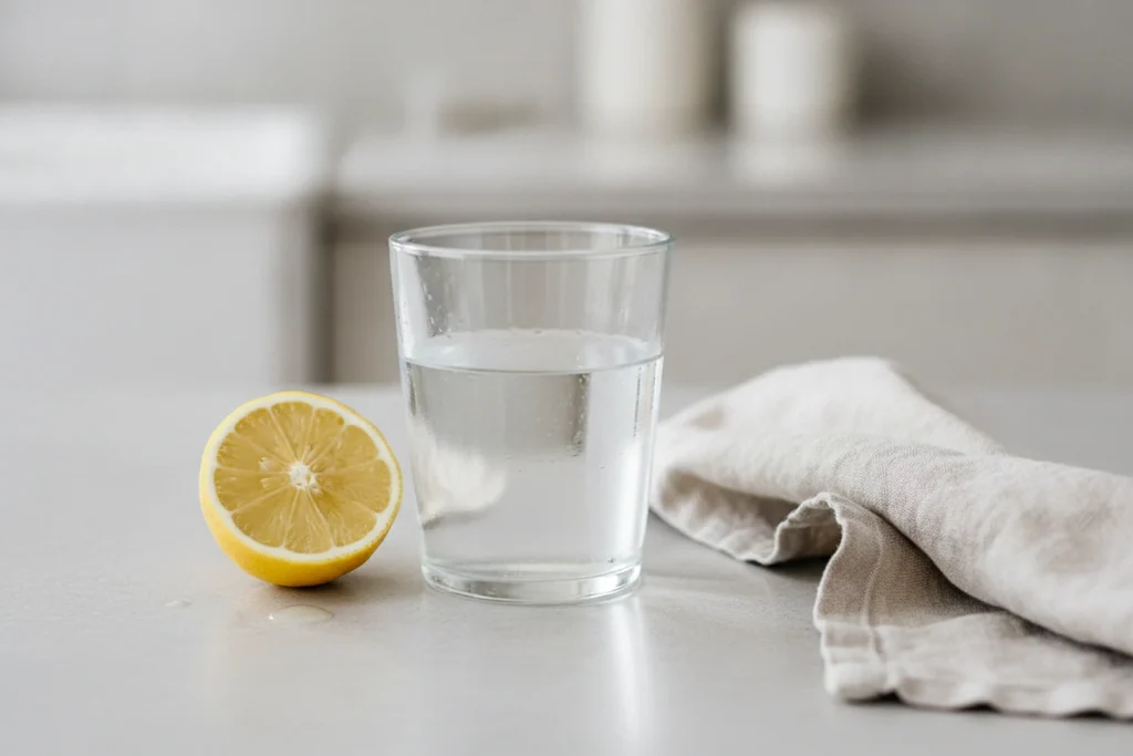 Sklenice vody a citron na kuchyňském pultu