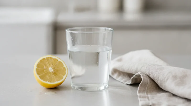 Sklenice vody a citron na kuchyňském pultu