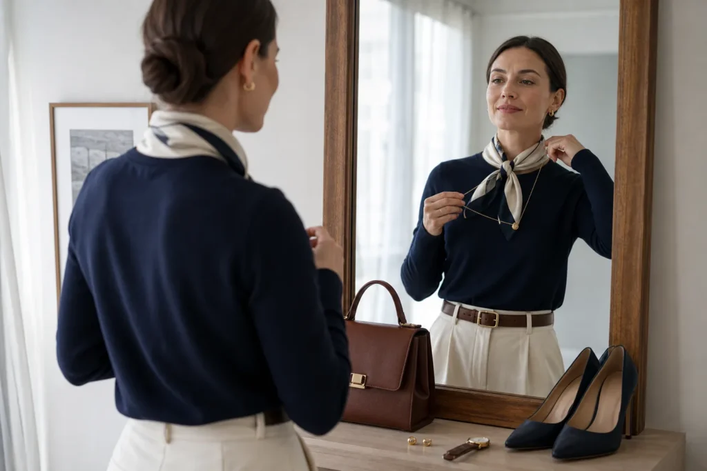 Žena před zrcadlem ladí šátek, pásek, náušnice, kabelku a boty k jednoduchému outfitu