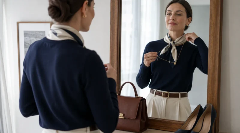 Žena před zrcadlem ladí šátek, pásek, náušnice, kabelku a boty k jednoduchému outfitu