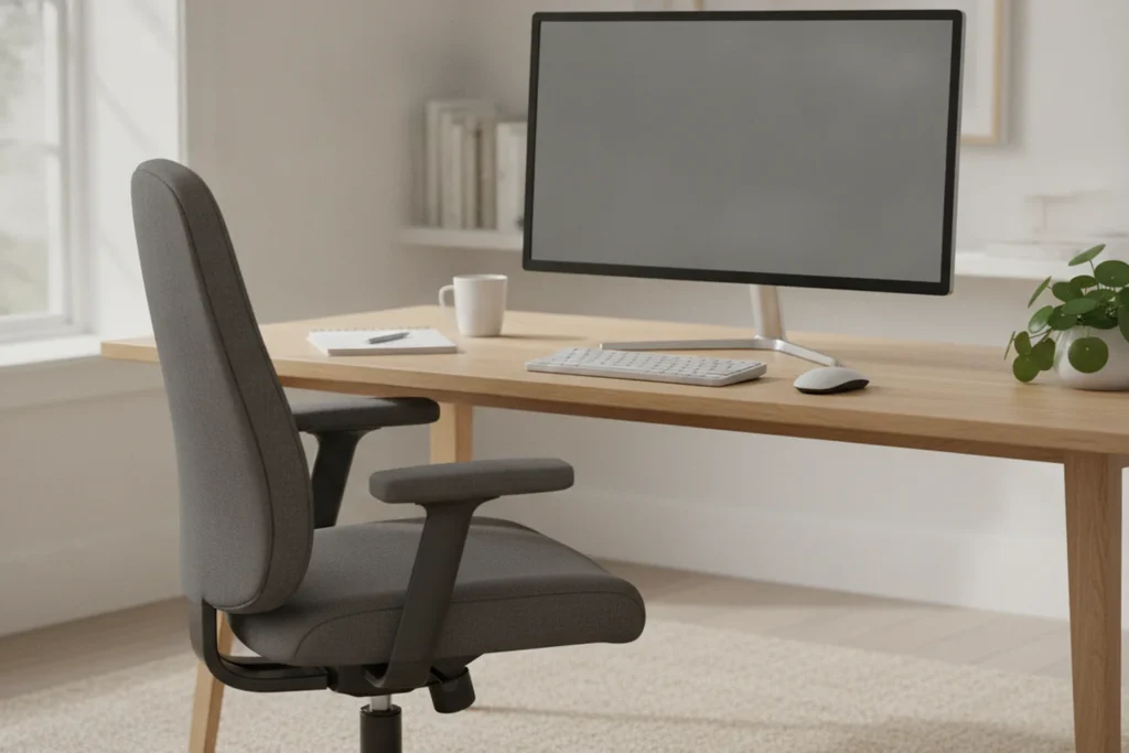 Nastavená kancelářská židle u stolu s monitorem