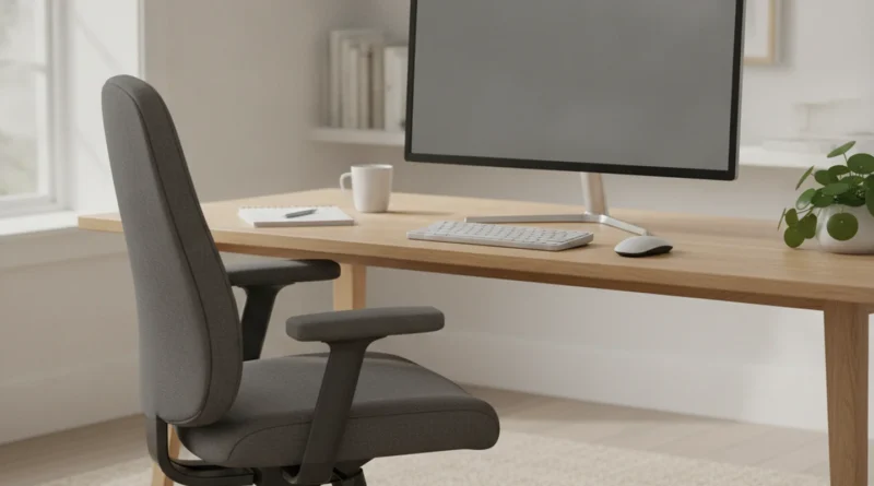 Nastavená kancelářská židle u stolu s monitorem