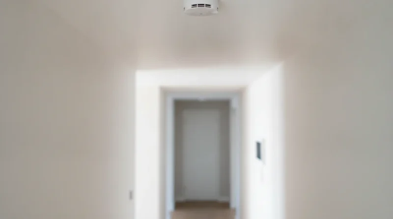 Kouřový hlásič připevněný na stropě chodby