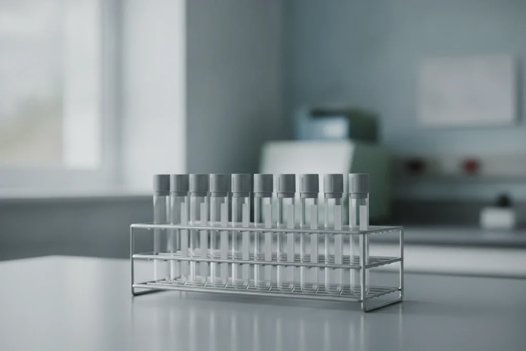 Řada prázdných skleněných zkumavek ve stojanu na laboratorním stole