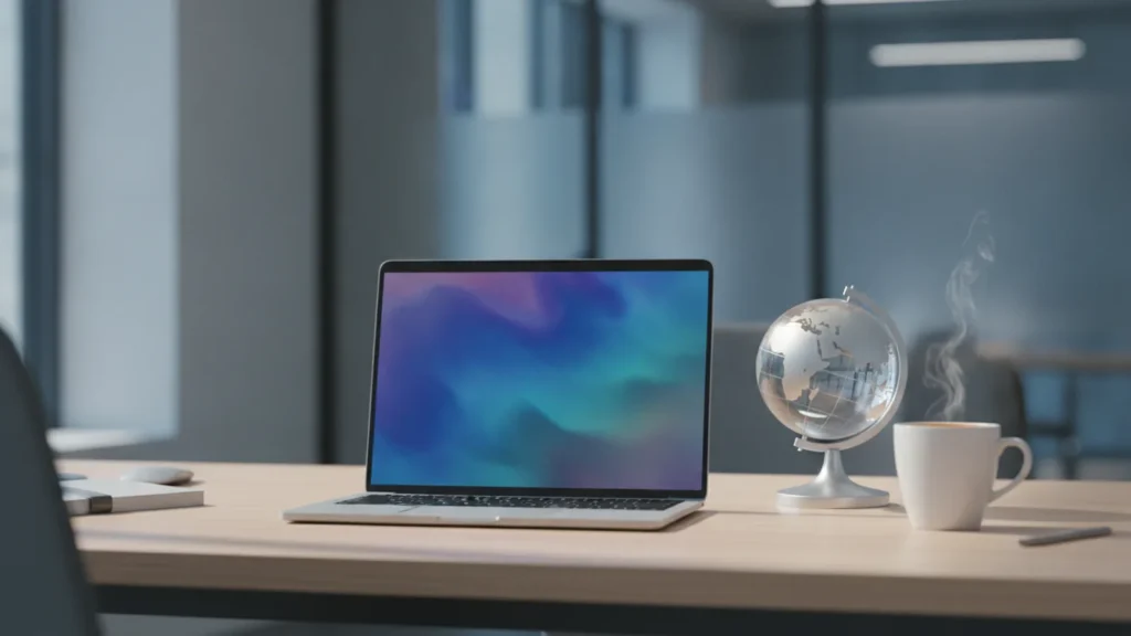 Notebook a glóbus na pracovním stole