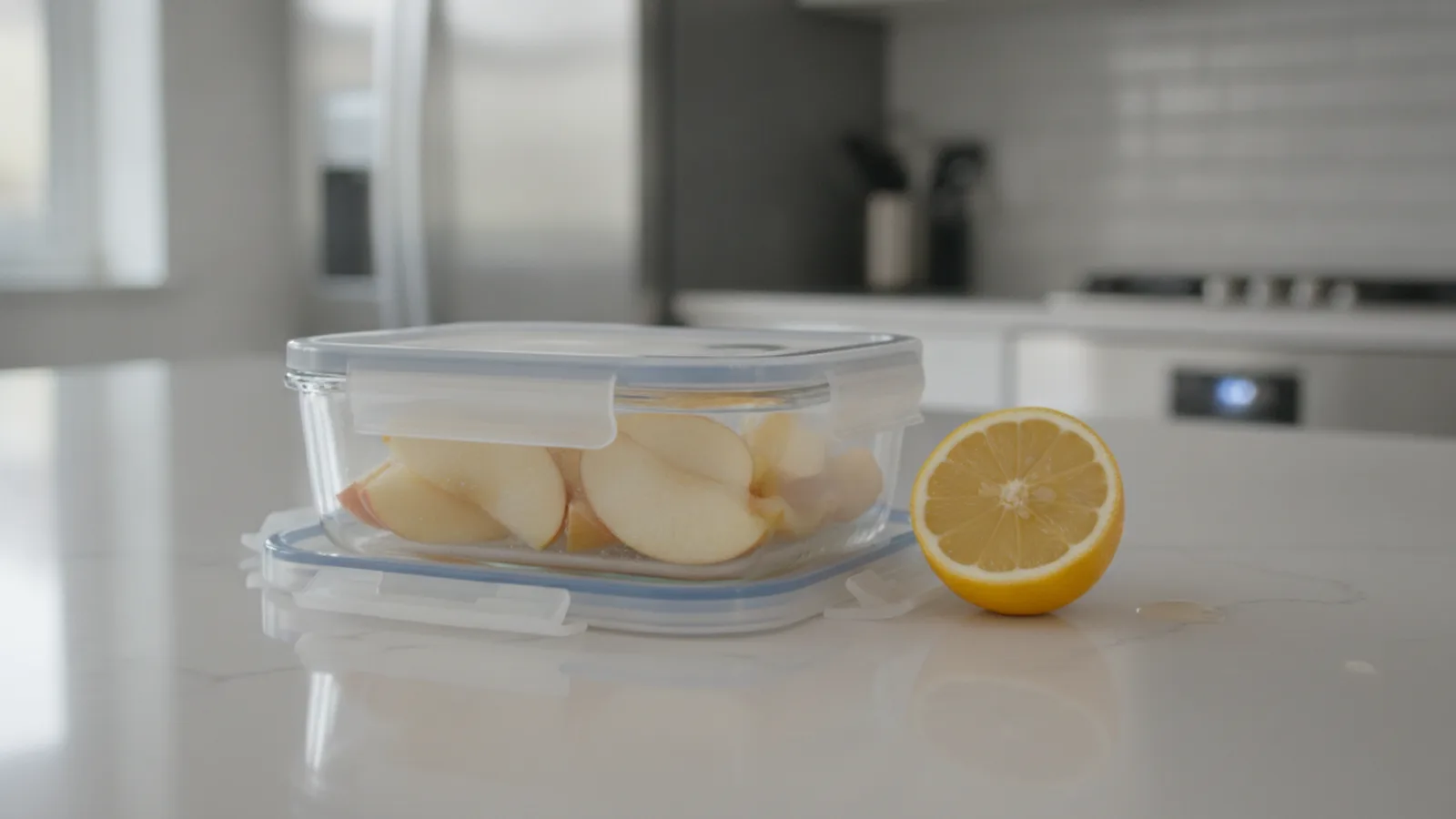 Nakrájené jablko v uzavřené krabičce pokapané citronovou šťávou