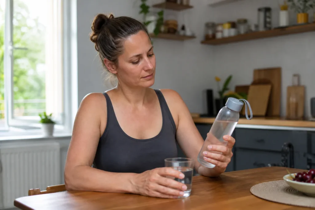 Žena kontroluje množství vody v lahvi a sklenici během teplého dne