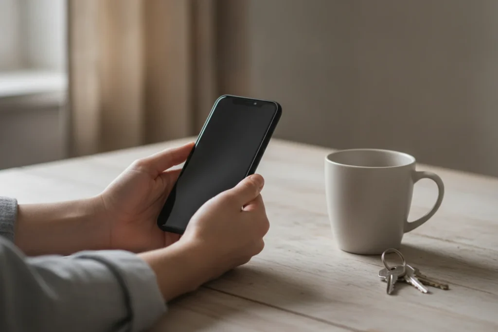 Ruce držící telefon s příchozí zprávou u kuchyňského stolu