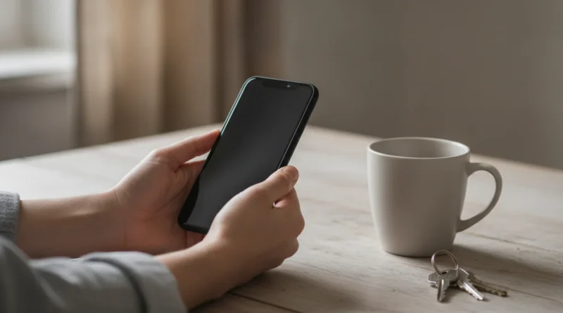Ruce držící telefon s příchozí zprávou u kuchyňského stolu