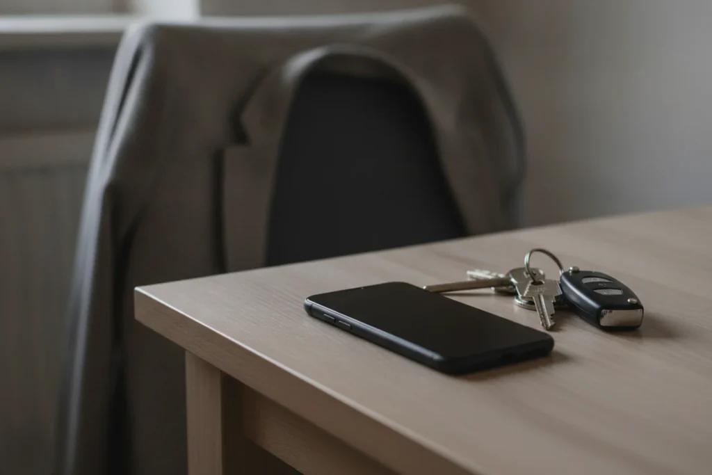 Telefon a klíče připravené na odchod z domu