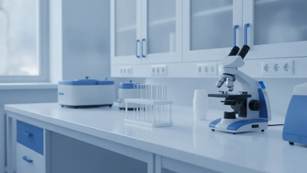 Zkumavky a mikroskop v laboratoři