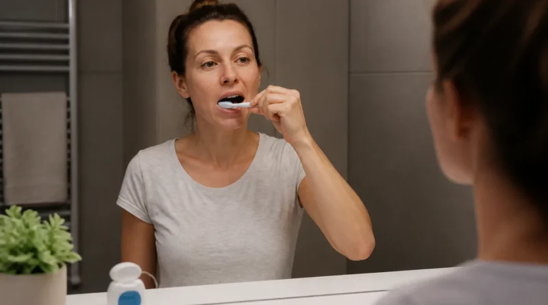 Žena si večer čistí zuby a má připravenou nit a mezizubní kartáček