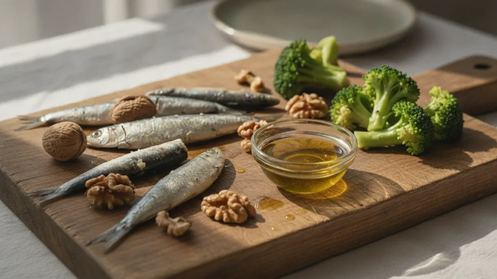 Sardinky, ořechy a brokolice na prkénku