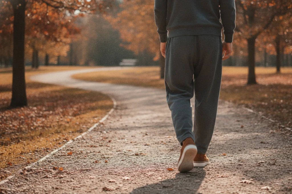 Chůze v pohodlné obuvi po parkové cestě na podzim