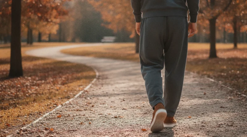 Chůze v pohodlné obuvi po parkové cestě na podzim