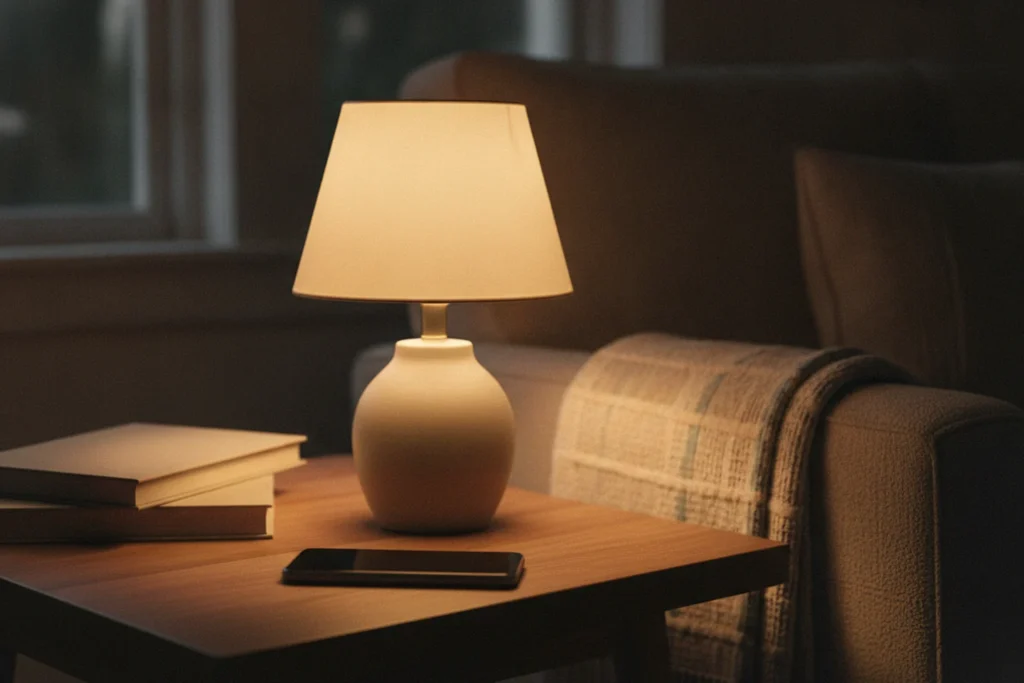 Rozsvícená lampa v noční místnosti