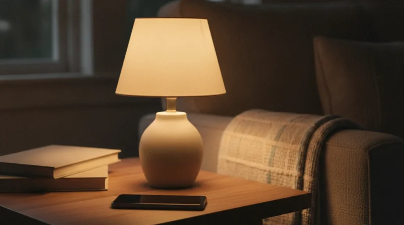 Rozsvícená lampa v noční místnosti
