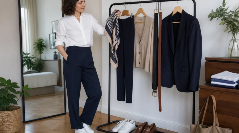 Žena mění jednoduchý outfit pomocí šátku, pásku, saka, kardiganu a dvou typů obuvi