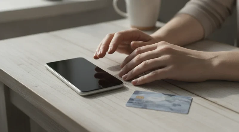 Telefon a platební karta odložené na stole