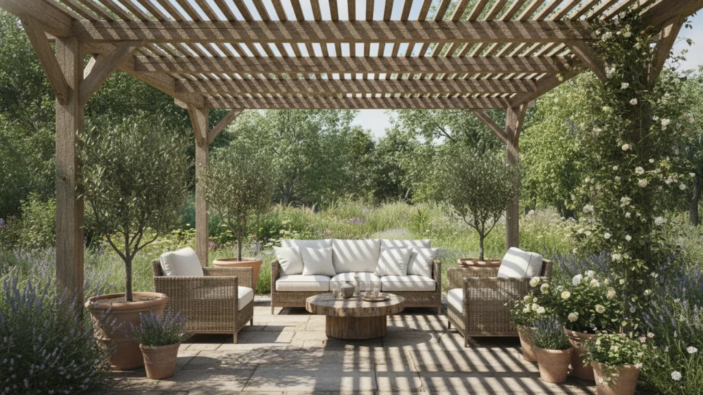 Dřevěná pergola s latěmi nad posezením