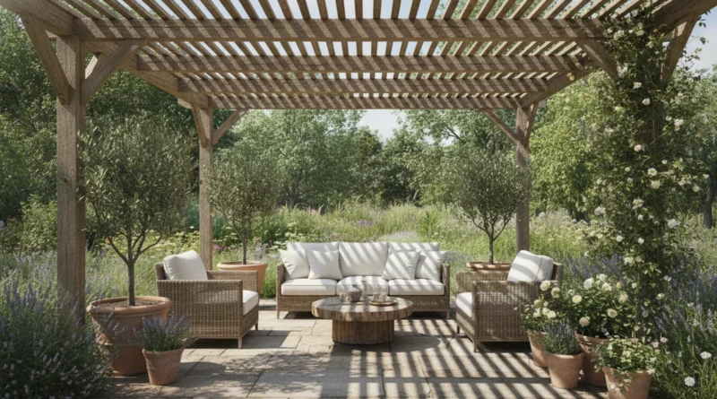Dřevěná pergola s latěmi nad posezením