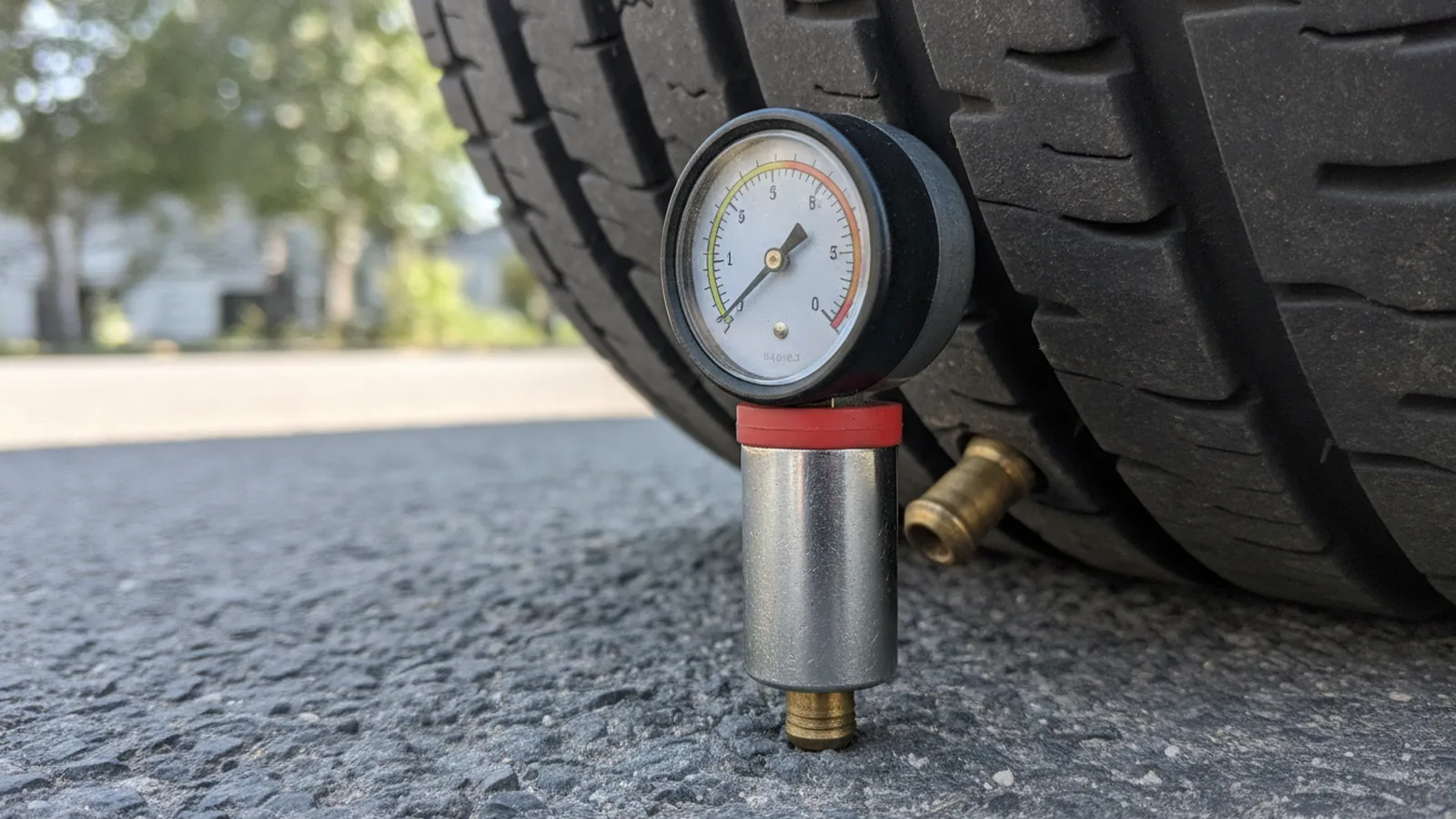 Ruční manometr přiložený k ventilku pneumatiky