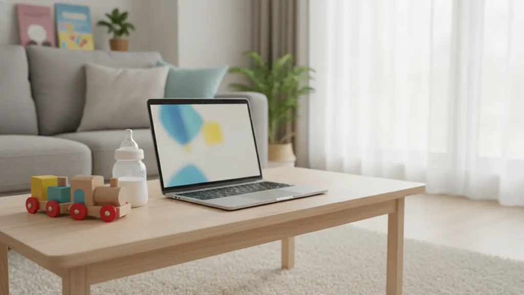 Notebook vedle dřevěné hračky v obývacím pokoji