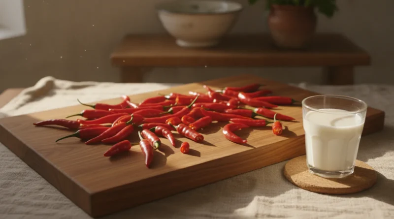 Papričky chilli na prkénku a sklenice mléka