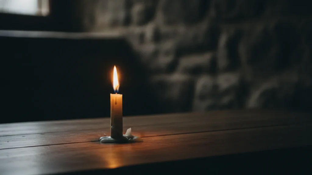 Hořící svíčka se vzpřímeným plamenem na tmavém stole