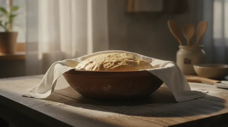 Vykynuté těsto v míse na kuchyňském stole