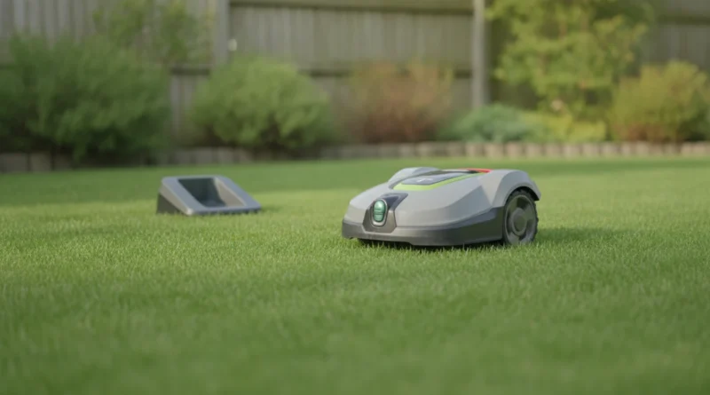 Robotická sekačka na posekaném trávníku