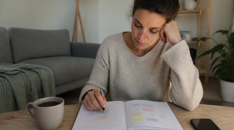 Unavená žena si u domácího kalendáře zapisuje dlouhodobé pracovní zatížení