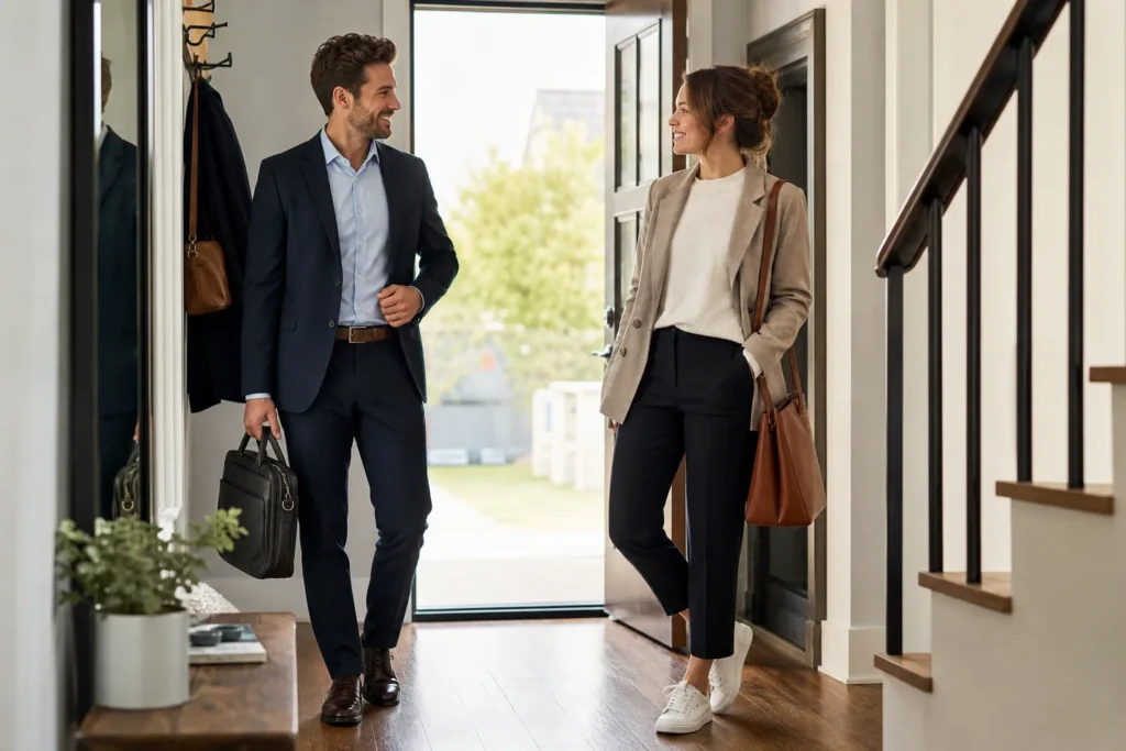Muž a žena odcházejí v upravených smart casual outfitech s jednoduchými saky a čistou obuví