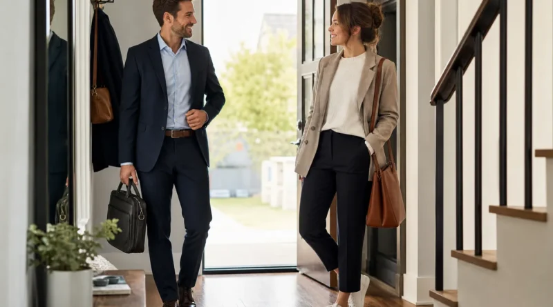 Muž a žena odcházejí v upravených smart casual outfitech s jednoduchými saky a čistou obuví