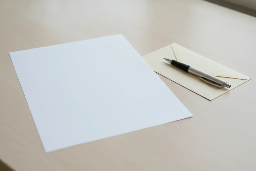 Prázdný list a pero připravené k sepsání podání